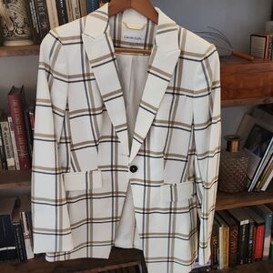 Calvin Klein Women's White and Brown Plaid Blazer